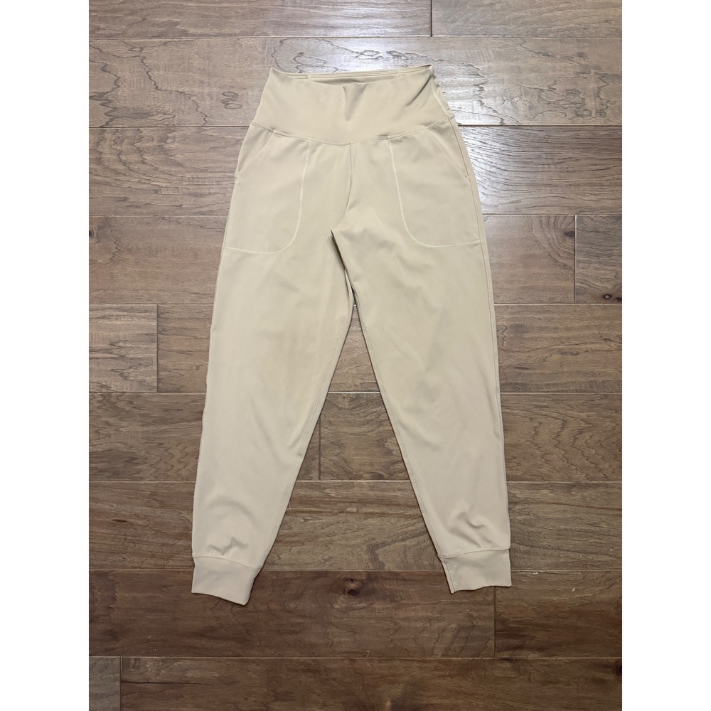 Oalka Joggers Womens Small Tan Poly Spandex Solid Tapered High Waist Athletic